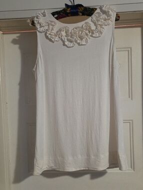 White Floral-Trim Sleeveless Top